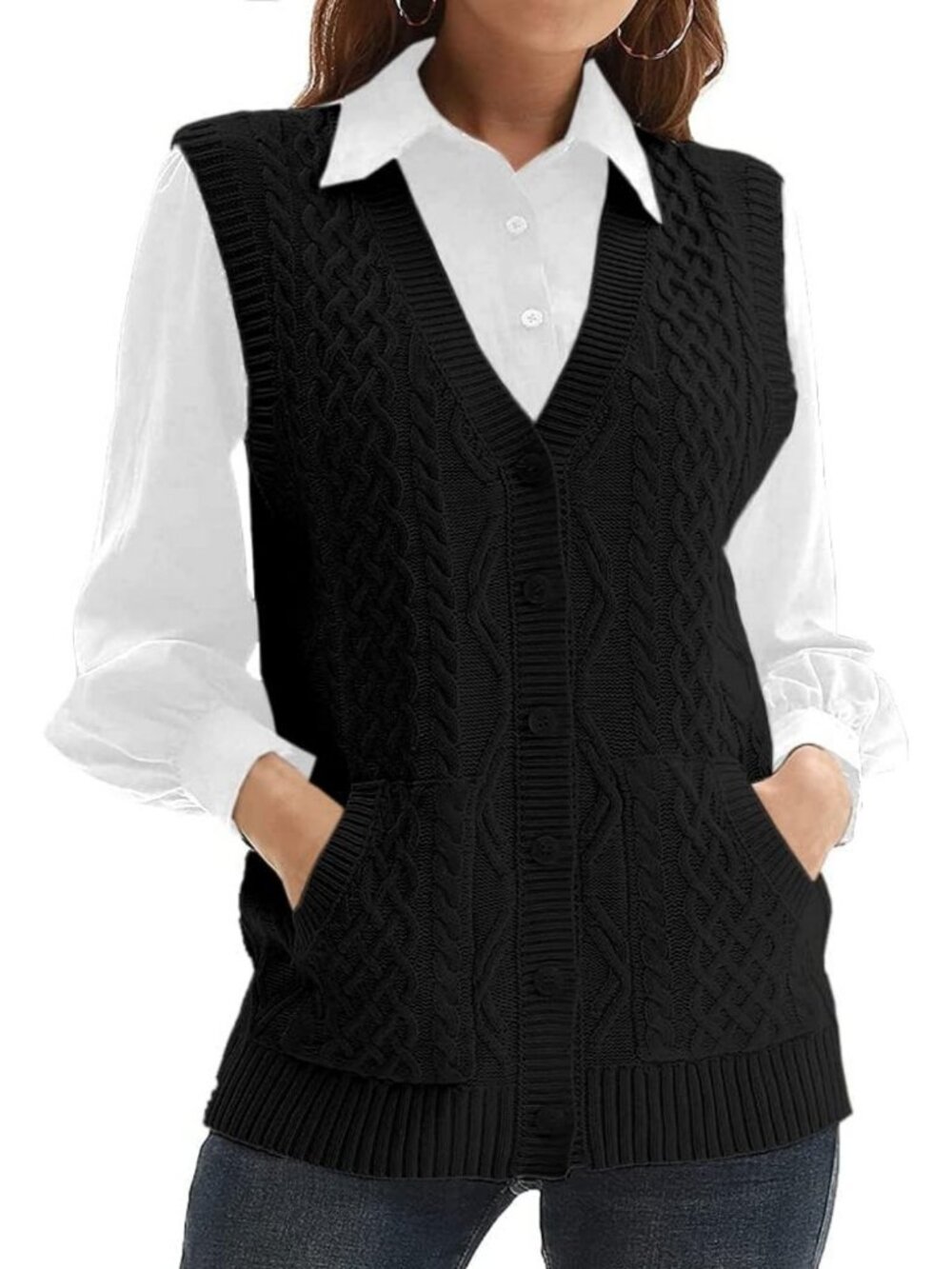 Cozy V-Neck Knit Sweater Vest | Sleeveless Cardigan with Buttons & Pockets